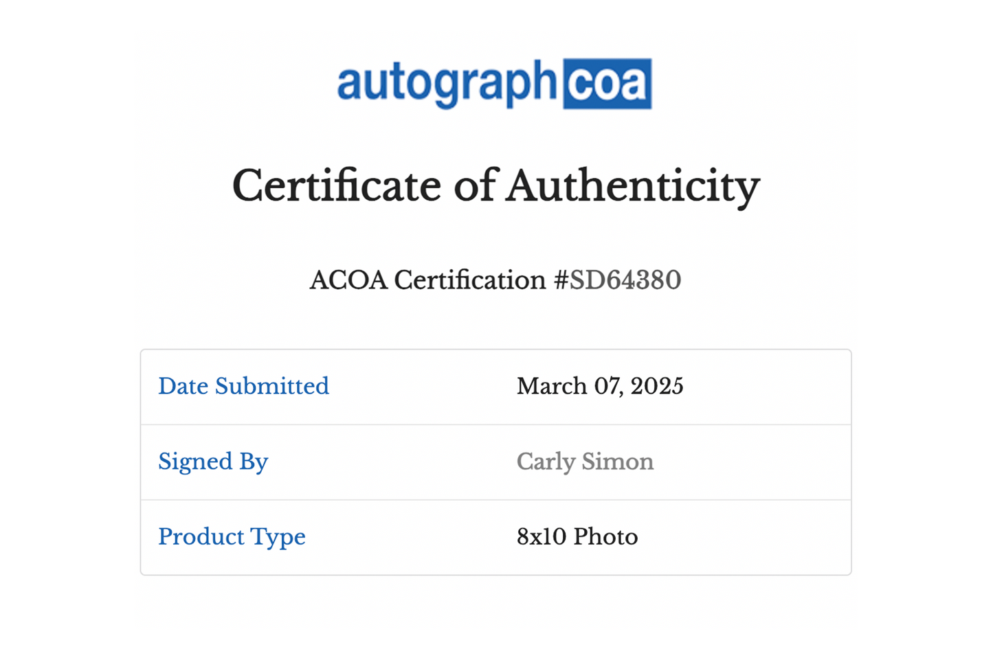 Carly Simon Autographed 8x10 Photo