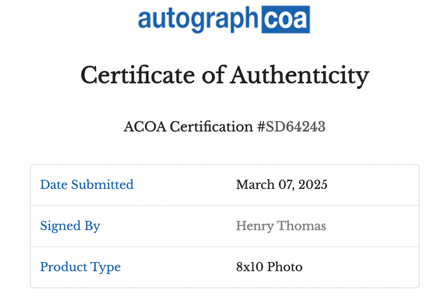 Henry Thomas Autographed 'E.T.' 8x10 Photo (Elliot)