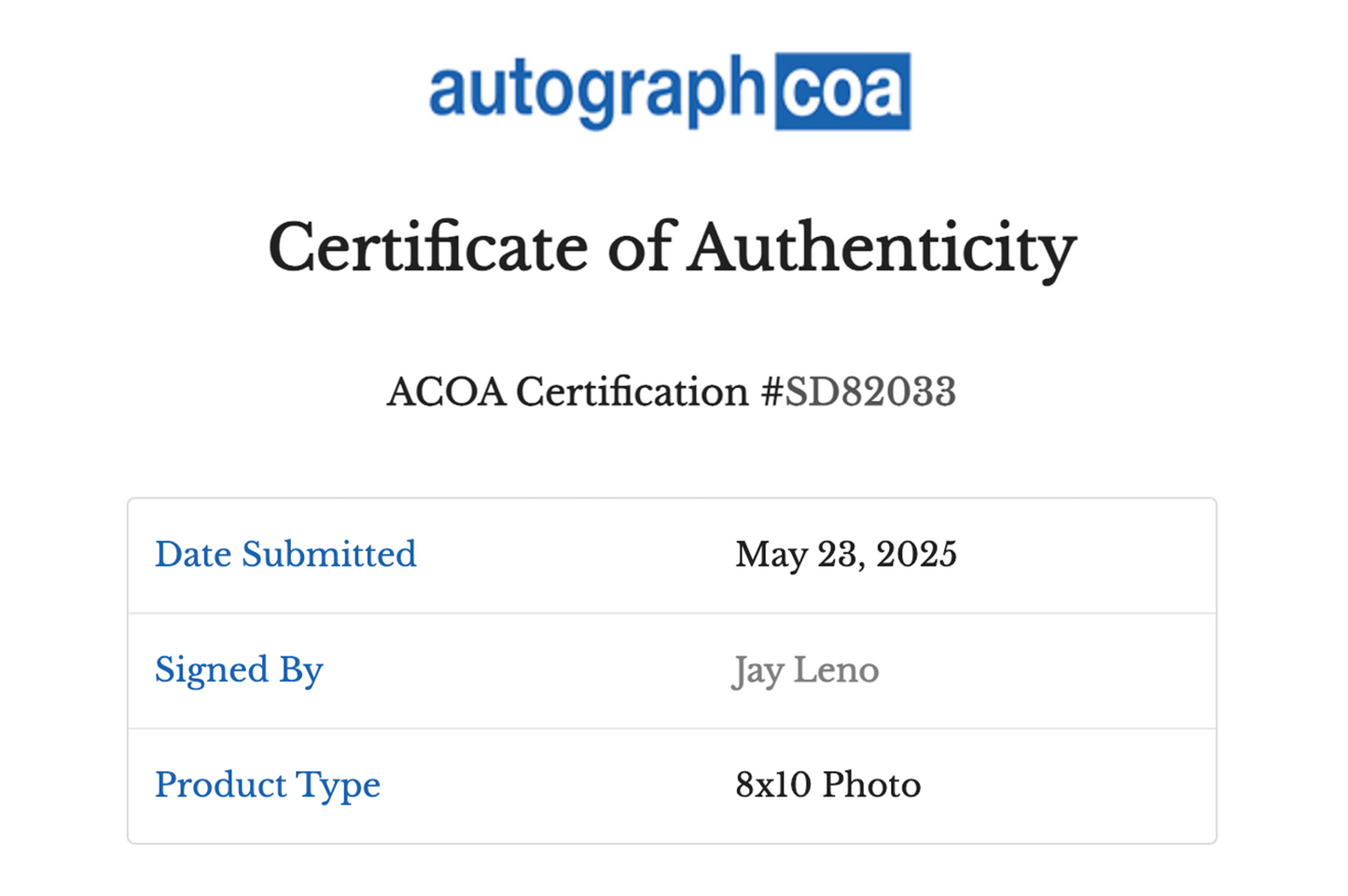 Jay Leno Autographed 8x10 Photo