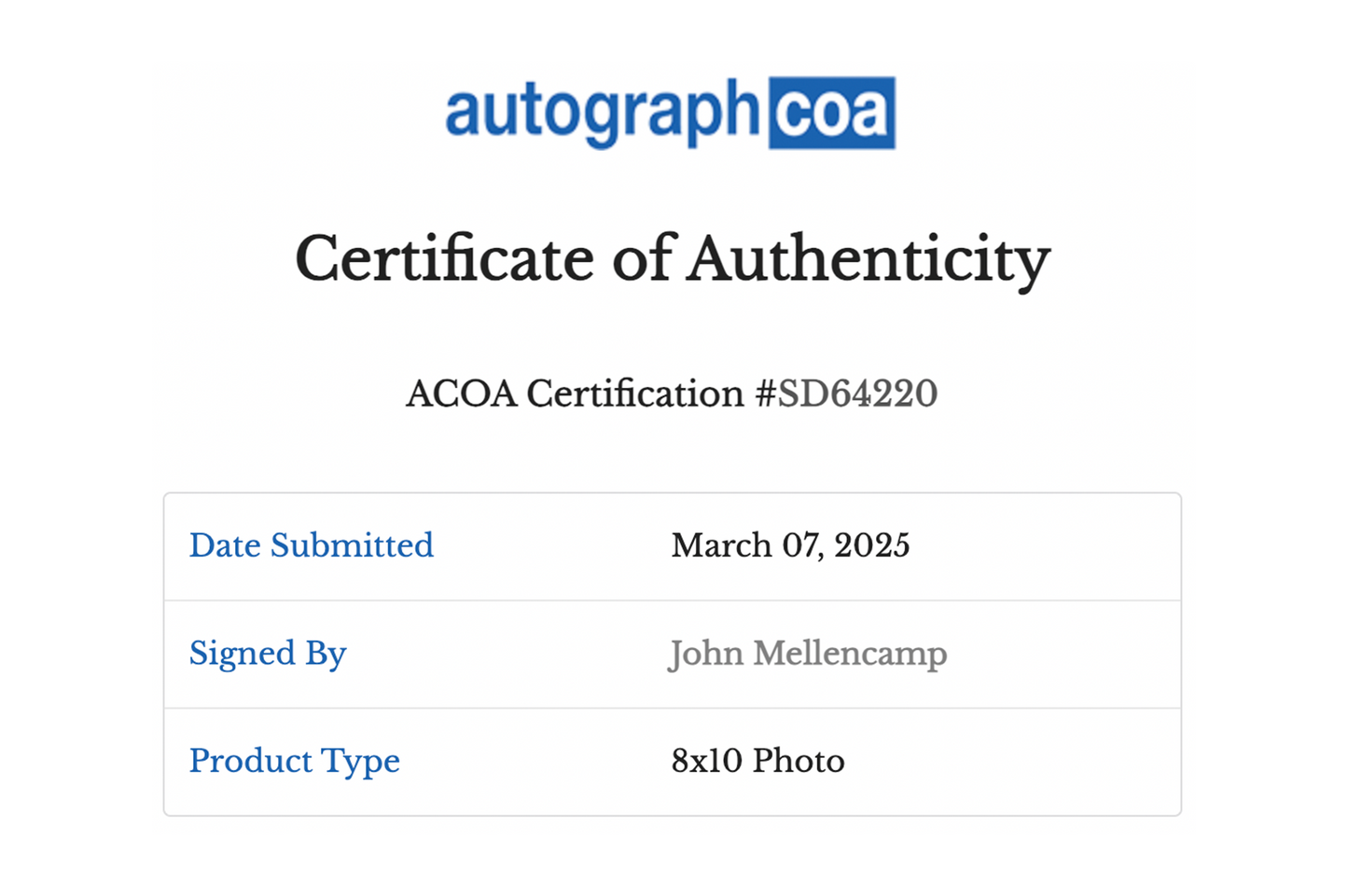 John 'Cougar' Mellencamp Autographed 8x10 Photo