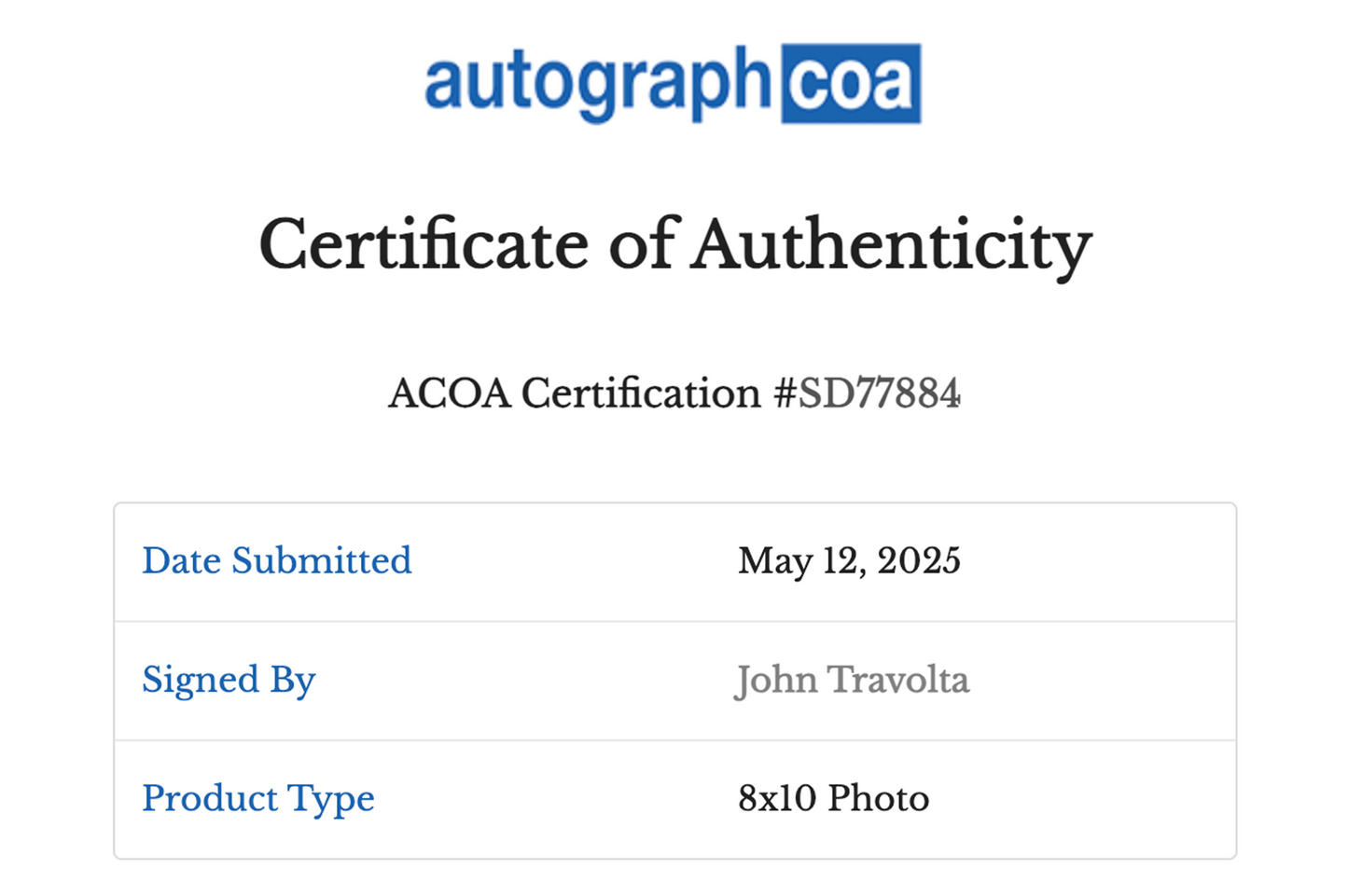 John Travolta Autographed 'Saturday Night Fever'8x10 Photo