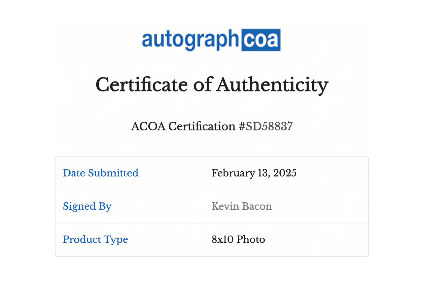 Kevin Bacon Autographed 'Footloose' 8x10 Photo