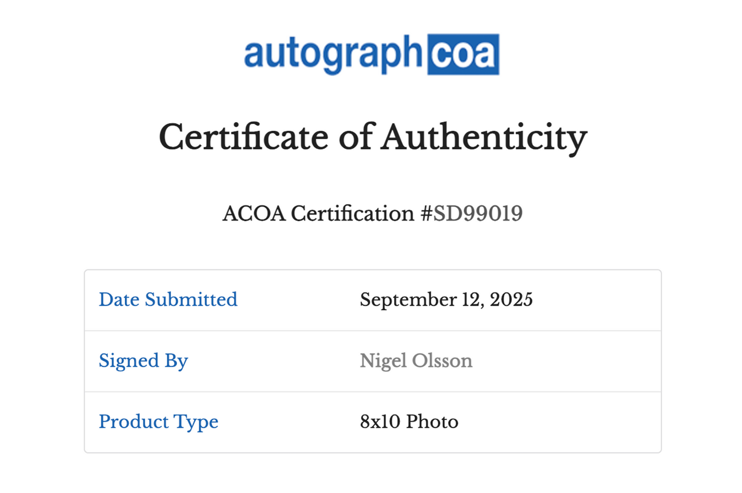 Nigel Olsson Autographed 8x10 Photo