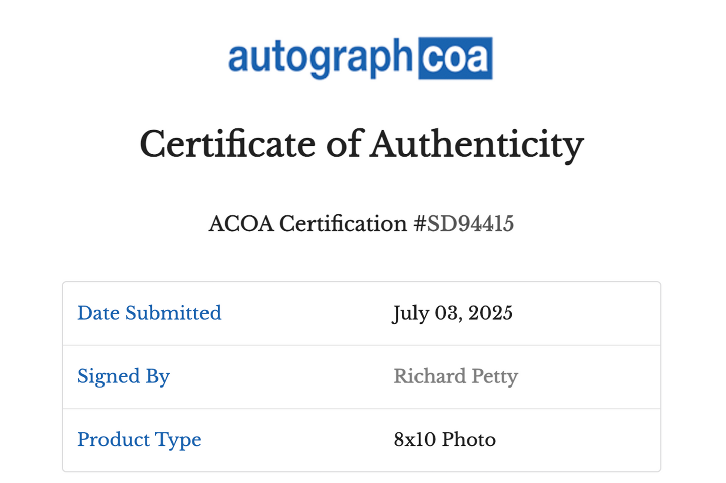 Richard Petty Autographed 8x10 Photo