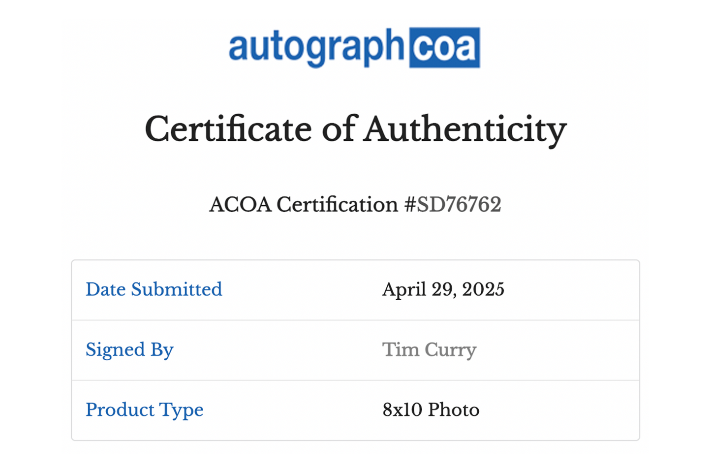 Tim Curry Autographed 8x10 Photo