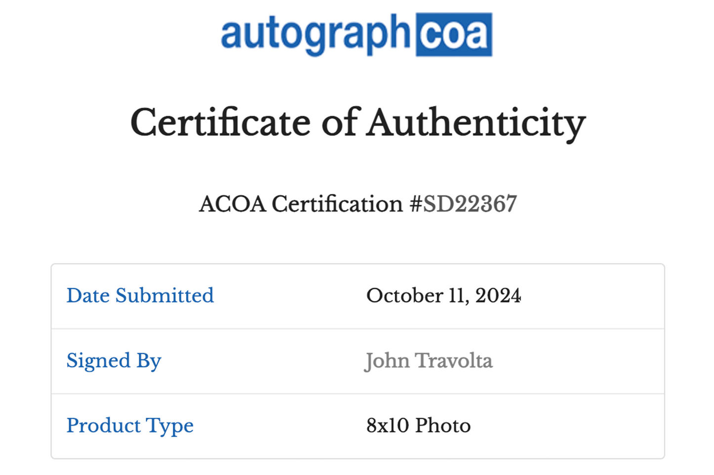 John Travolta Autographed 'Welcome Back Kotter'8x10 Photo