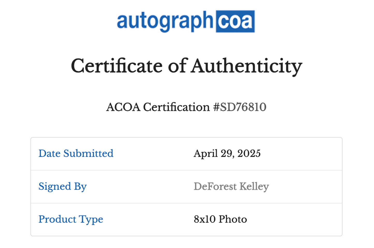 DeForest Kelley Autographed 'Star Trek' 8x10 Photo