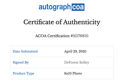 DeForest Kelley Autographed 'Star Trek' 8x10 Photo