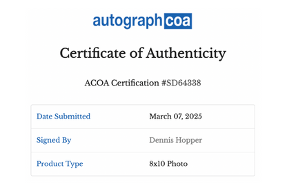 Dennis Hopper Autographed 'Easy Rider' 8x10 Photo