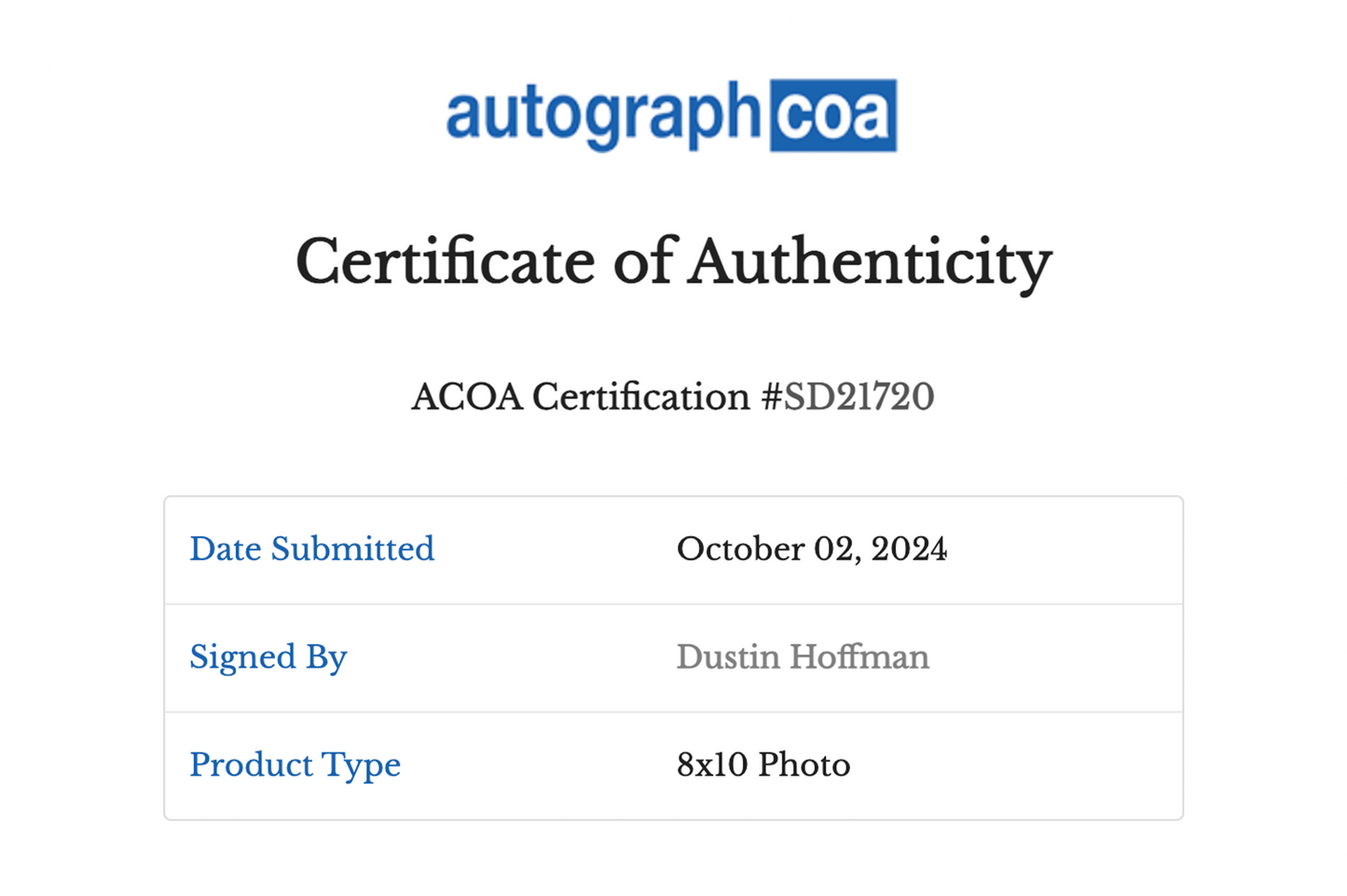 Dustin Hoffman Autographed 'The Graduate' 8x10 Photo