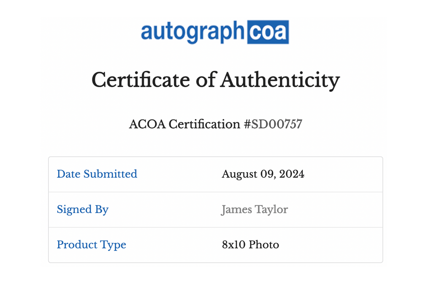 James Taylor Autographed Photo