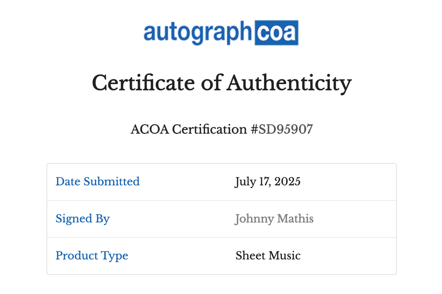 Johnny Mathis Autographed Music Sheet
