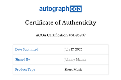 Johnny Mathis Autographed Music Sheet