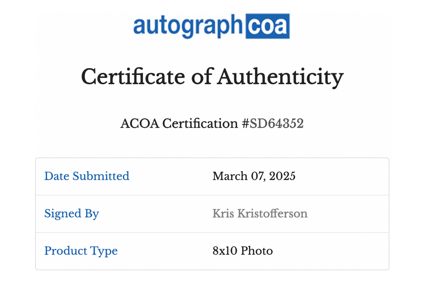 Kris Kristofferson Autographed 8x10 Photo