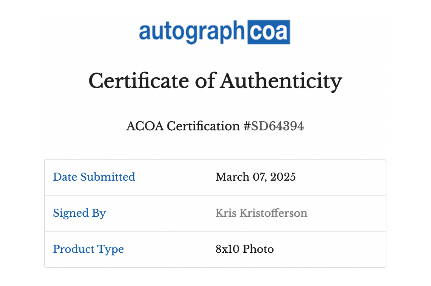 Kris Kristofferson Autographed 8x10 Photo (Peace)