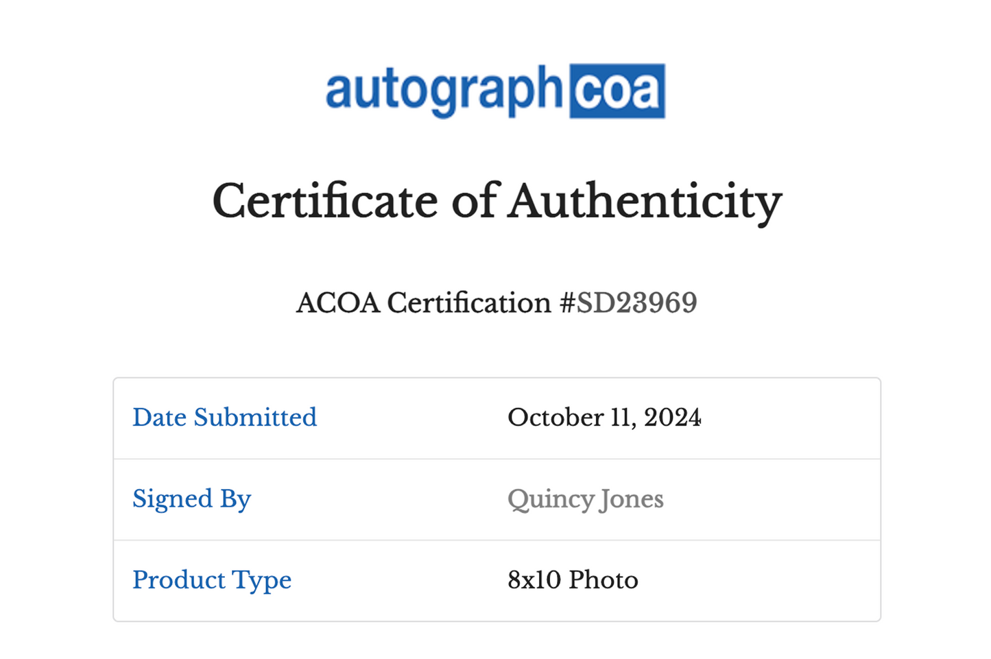 Quincy Jones Autographed 8x10 Photo